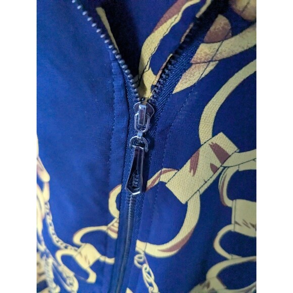 Feratelli Tunic Top Womens S Flowy Navy Status Print Sheer Moto Zip RollTab Glam - Picture 6 of 13